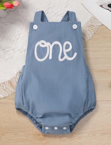 IMEKIS 1st First Birthday Outfit Boy Cake Smash Photography Props Baby Toddler Boho Romper Summer Holiday Embroidery Wild One Year Old Photoshoot Blue White One 912 Months - Image 3