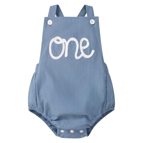 IMEKIS 1st First Birthday Outfit Boy Cake Smash Photography Props Baby Toddler Boho Romper Summer Holiday Embroidery Wild One Year Old Photoshoot Blue White One 912 Months - Image 1