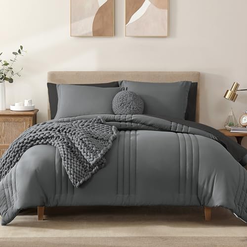 Monbix Queen Comforter Set  7 Pieces Grey Bed in a Bag Queen Bedding Sets with Comforters All Seasons Down Alternative Comforter Bed Set with SheetsPillowcases  Shams