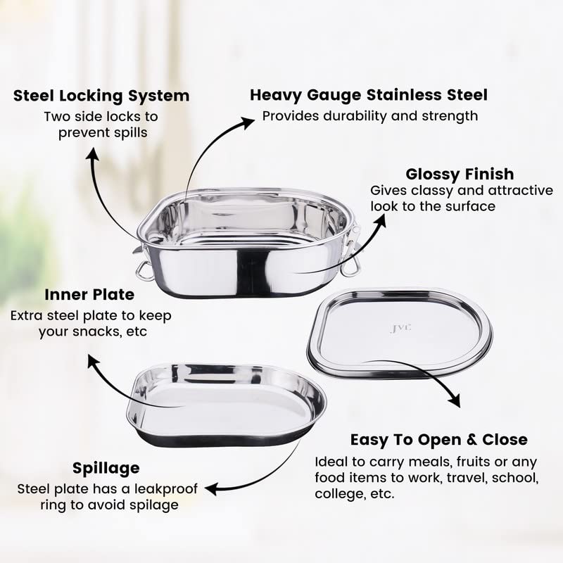 JVL Matrix Stainless Steel Leak-Proof Lunch Box with Inner Plate Durable & Compact Tiffin for School and Office Use & Easy to Clean, 0.675 Liters - Image 2