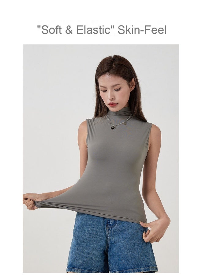 أحدث تصميم لبلوزة ذات ياقة عالية بدون أكمام بطبقتين، بلوزة ضيقة تمتاز بالمرونة وتبرز القوام النحيف - Image 2