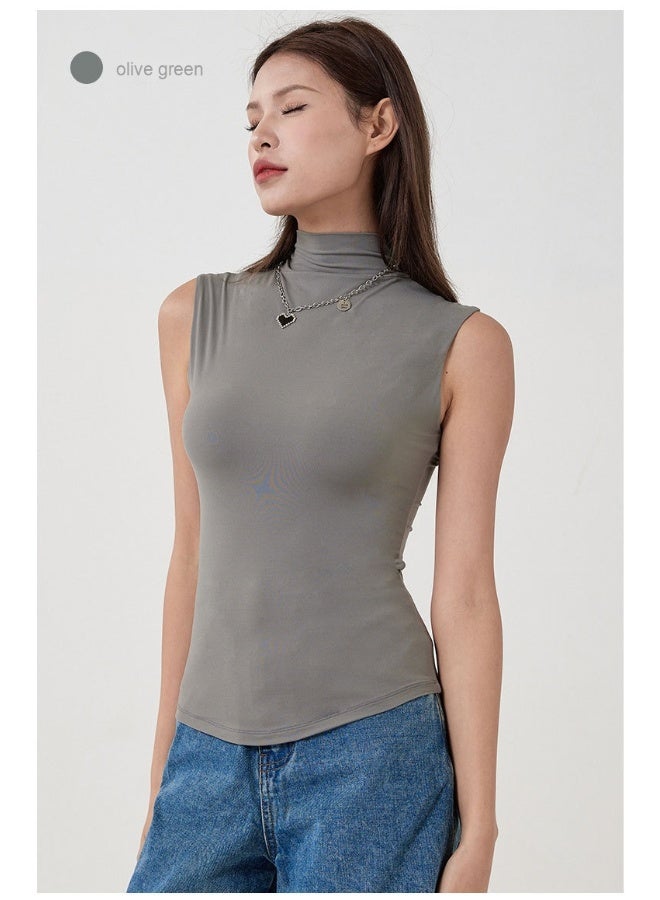 أحدث تصميم لبلوزة ذات ياقة عالية بدون أكمام بطبقتين، بلوزة ضيقة تمتاز بالمرونة وتبرز القوام النحيف - Image 3