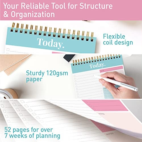 Sweetzer & Orange S&O Daily Planner Notepad for Productivity - 52 Page Routine To Do List - Undated Writing pad and Organizer - Every day To Do List Scheduler- Coiled Task Organizer - Regular calendar Planner - TEAL - Image 3