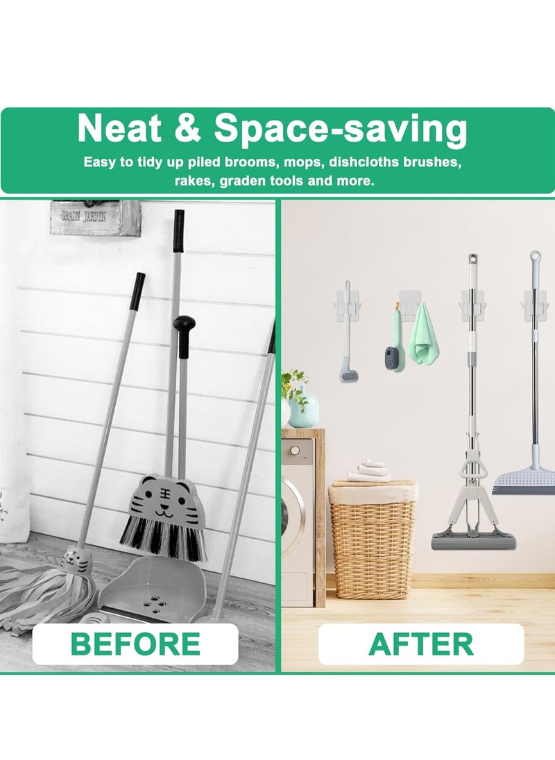 Adhesive Mop and Broom Holder Wall Mount – Broom Organizer with Hooks for Home, Kitchen(4-Pack)