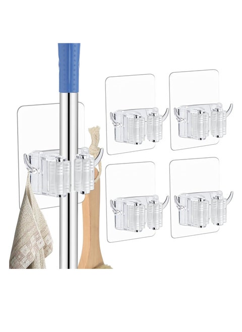 Adhesive Mop and Broom Holder Wall Mount – Broom Organizer with Hooks for Home, Kitchen(4-Pack)