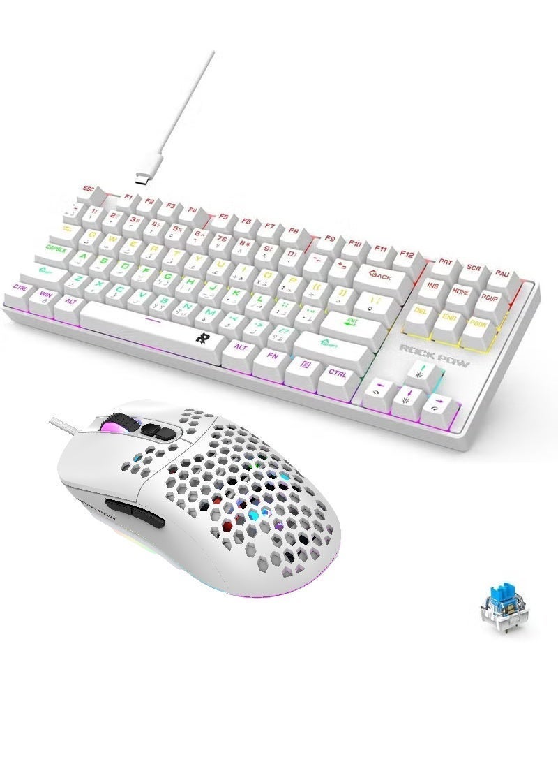 روك بو طقم لوحة مفاتيح ألعاب ميكانيكية (عربية) وماوس، مزود بإضاءة خلفية LED RGB، سريع الاستجابة، سلكي عبر USB، مقاوم للماء، لوحة مفاتيح بـ 87 مفتاحاً، وماوس ألعاب بتصميم مريح وخفيف الوزن للغاية، مزود بمستشعر بصري بدقة 12800 نقطة في البوصة (DPI) — طقم ألعاب مخصص لأنظمة Windows وMacOS وAndroid وللاعبي الحاسوب الشخصي. - Image 1