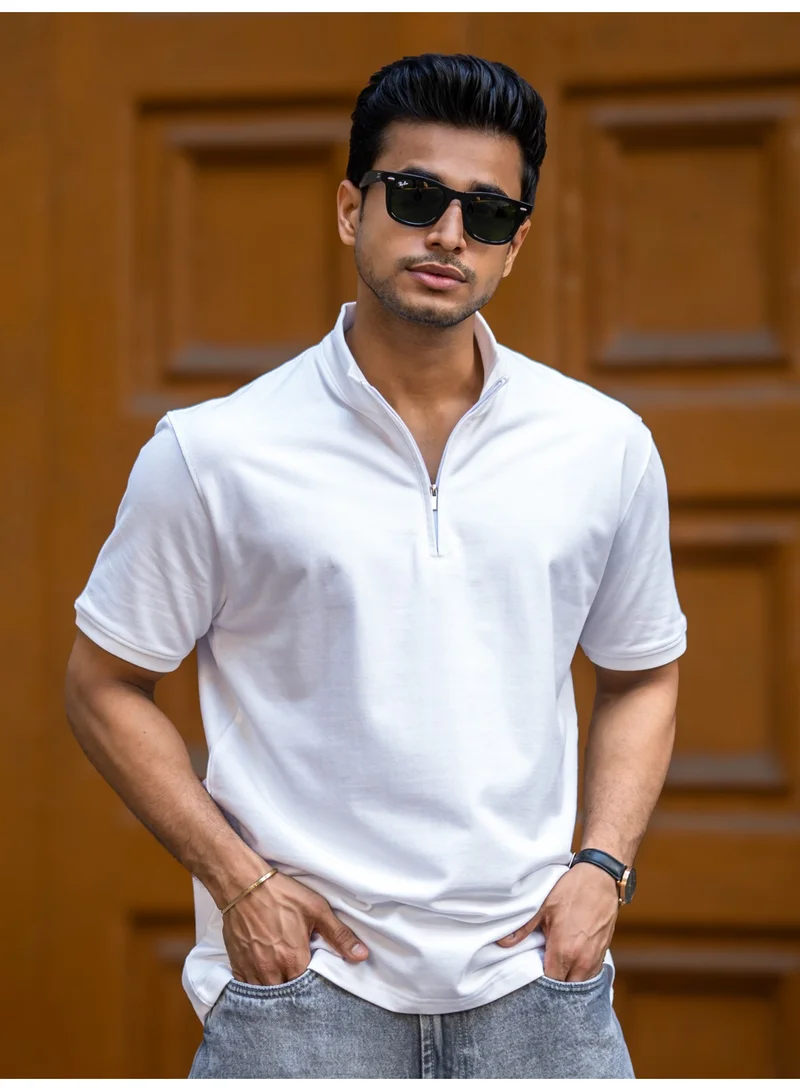 Maniac Mens Solid Half Zipper High Neck Half Sleeve White Cotton T-Shirt