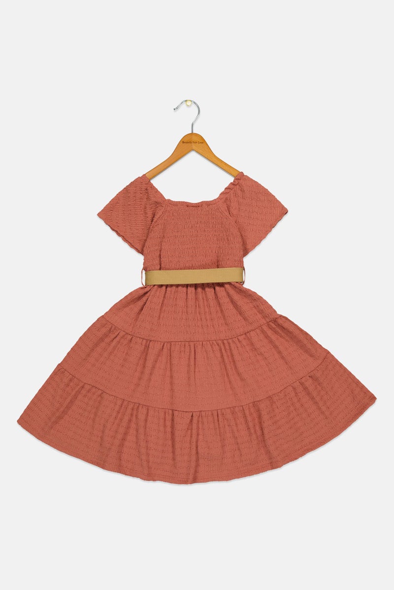 Willow & Whistle Kids Girl Textured Short Sleeve Dress, Rust Brown - Image 3