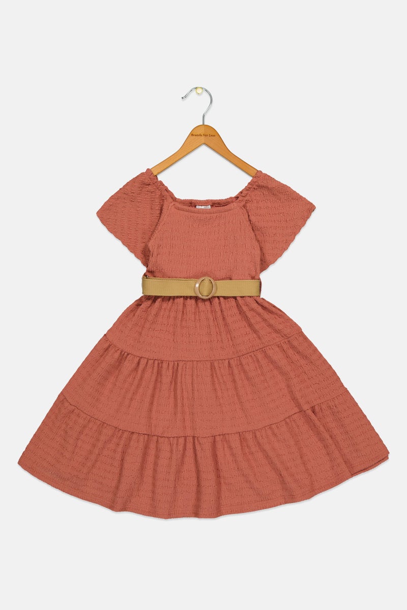 Willow & Whistle Kids Girl Textured Short Sleeve Dress, Rust Brown - Image 2