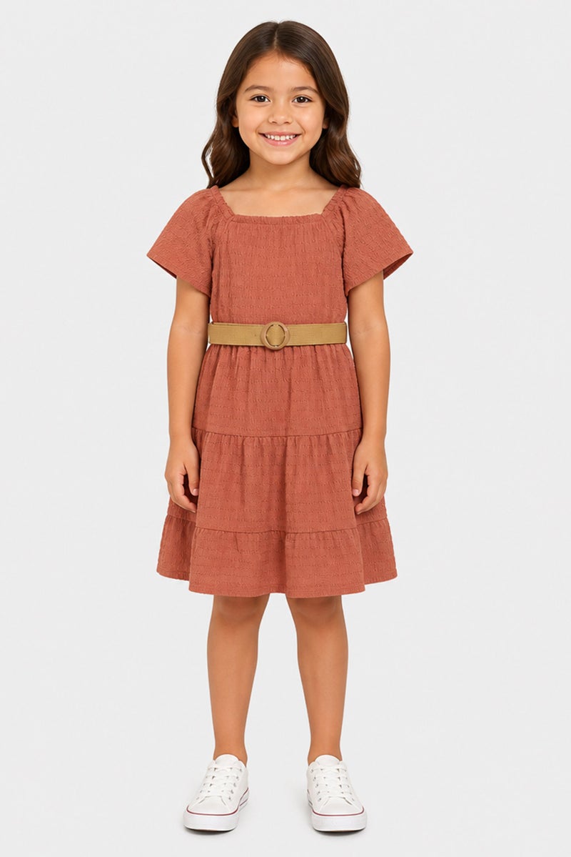 Willow & Whistle Kids Girl Textured Short Sleeve Dress, Rust Brown - Image 1