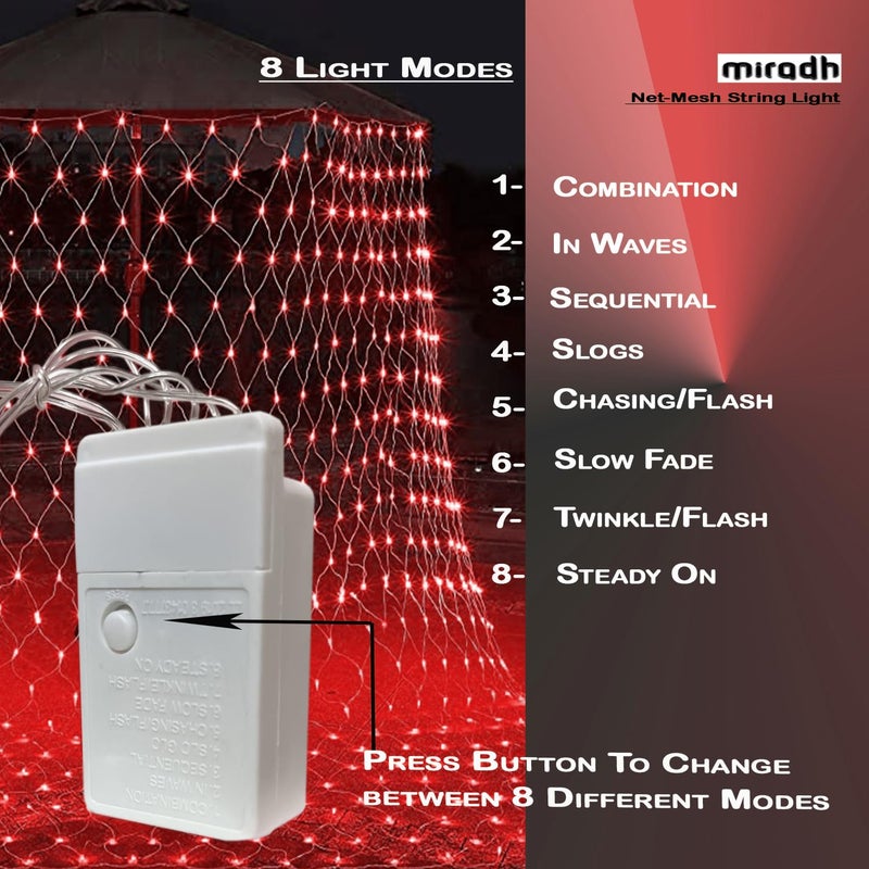 MIRADH Led Net Mesh String Lights - Diwali Lights for Decoration for Home Diwali Lights for Home Decoration led Lights for Ganesh Puja 6.6ft x 6.6ft 144 LEDs (8 Mode Red) - Image 3