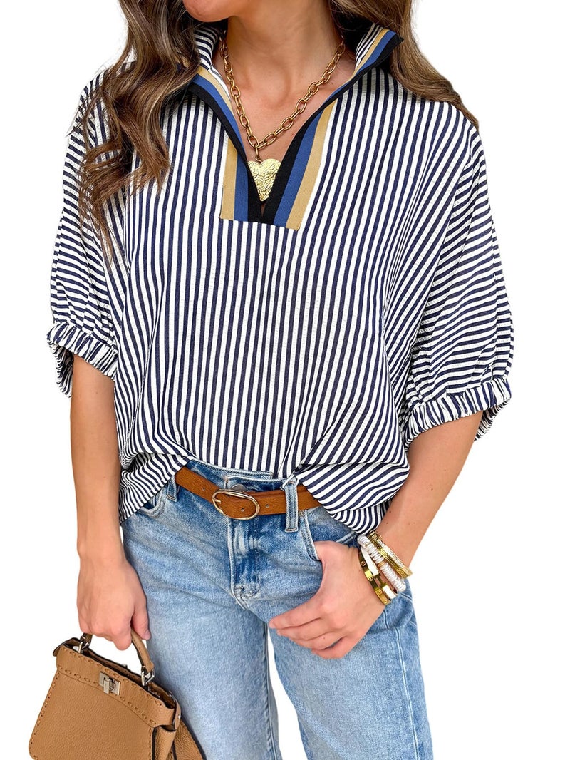 Samefar Womens Summer Tops Striped V Neck Short Sleeve Blouse Summer Casual Loose Fit Business Tee Shirts Dressy Vertical Blue Small - Image 1