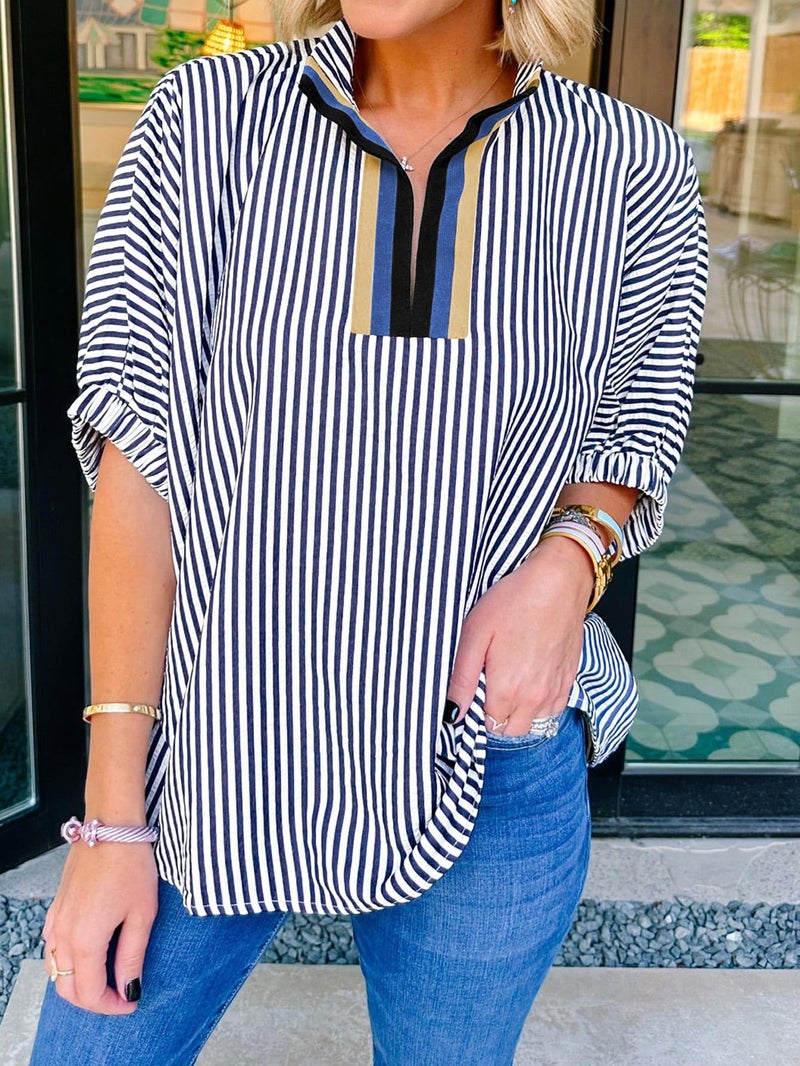 Samefar Womens Summer Tops Striped V Neck Short Sleeve Blouse Summer Casual Loose Fit Business Tee Shirts Dressy Vertical Blue Small - Image 4