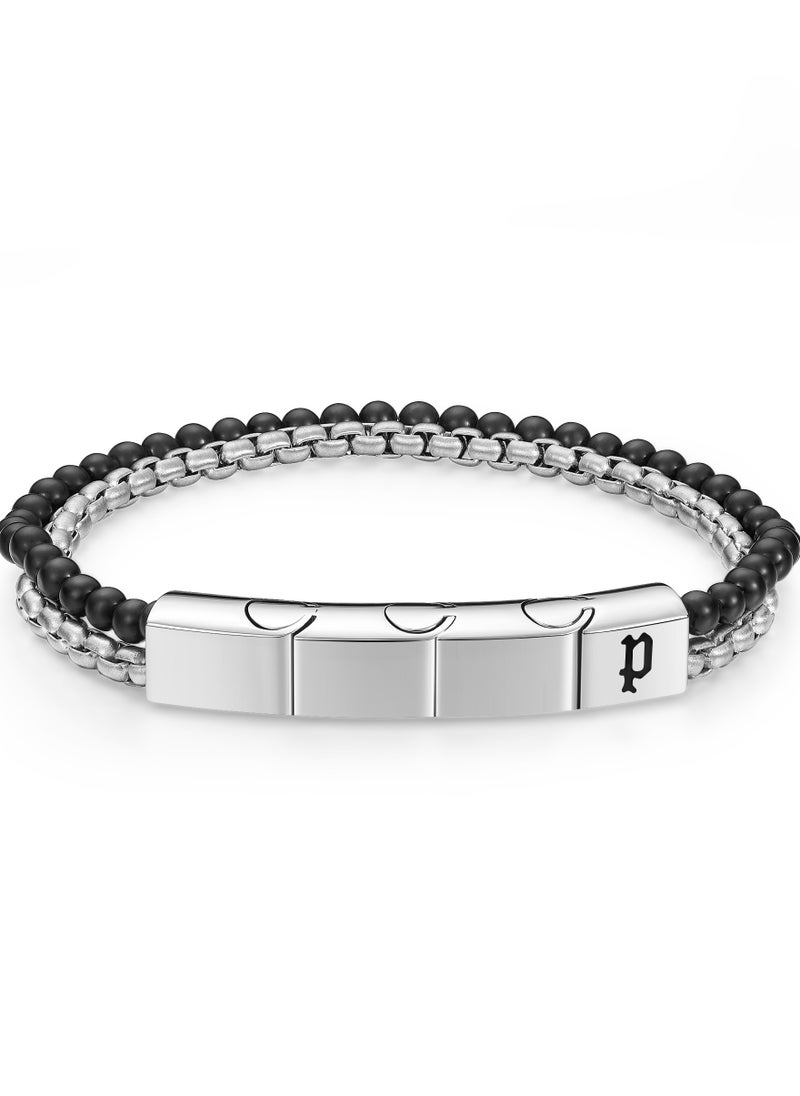POLICE Double Impact Onyx Beads Stainless Steel Box Chain Gents Bracelet  - Image 1