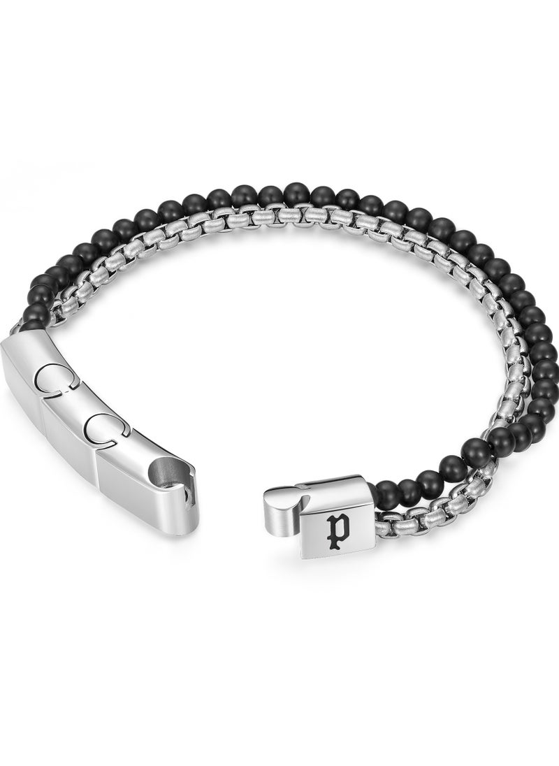 POLICE Double Impact Onyx Beads Stainless Steel Box Chain Gents Bracelet  - Image 2