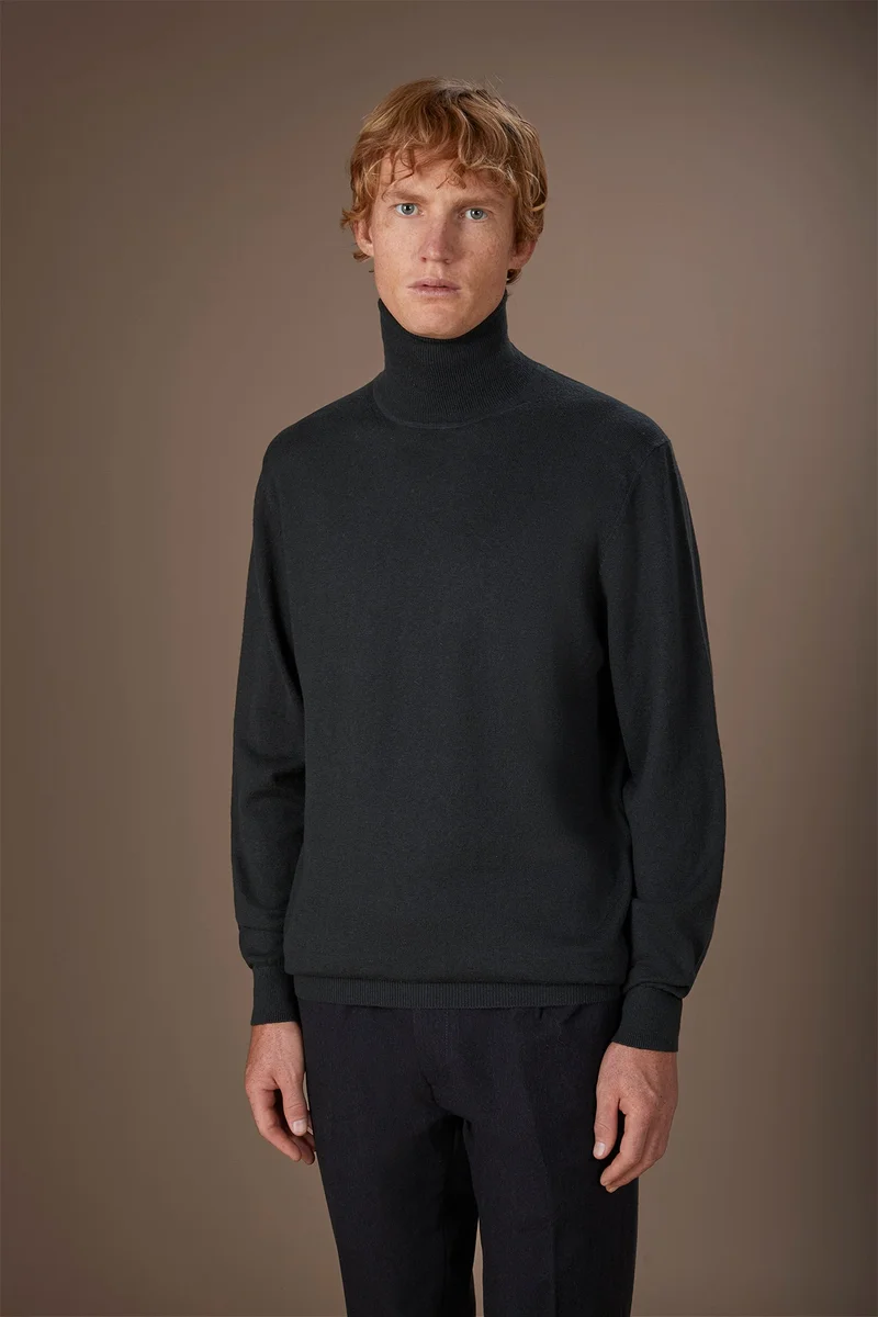 Doppelganger Men's regular fit high neck jumper in wool and cotton - Forest Green