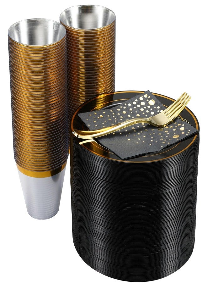 The Essential Concierge Stylish 7.5 Inch Gold and Black Cake Plates with Disposable Cups, Forks and Cocktail Napkins (100 Set of Each) - Small Appetizer Plates, Disposable Cake Plates or Salad Plate - Image 1