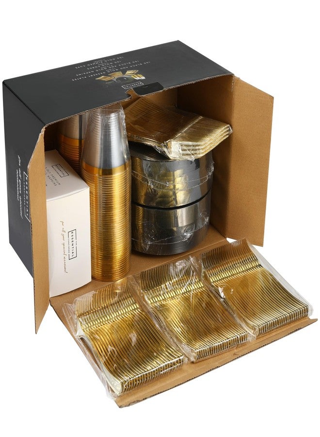 The Essential Concierge Stylish 7.5 Inch Gold and Black Cake Plates with Disposable Cups, Forks and Cocktail Napkins (100 Set of Each) - Small Appetizer Plates, Disposable Cake Plates or Salad Plate - Image 3