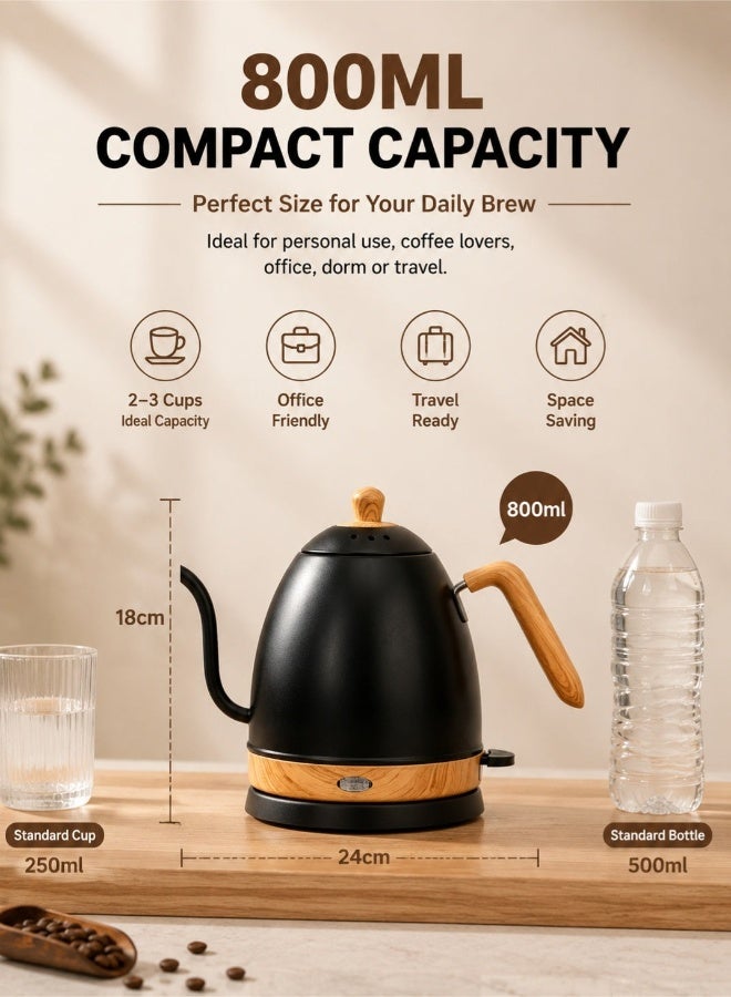 موندا كettle كهربائي بسعة 800 مل بقدرة 1000 واط – كترة صب دقيقة من الفولاذ المقاوم للصدأ، مثالية لصنع قهوة الـ pour-over، وغلاية ماء سريعة التسخين تمنع التسخين الجاف للاستخدام المنزلي أو المكتبي في صنع القهوة - Image 3