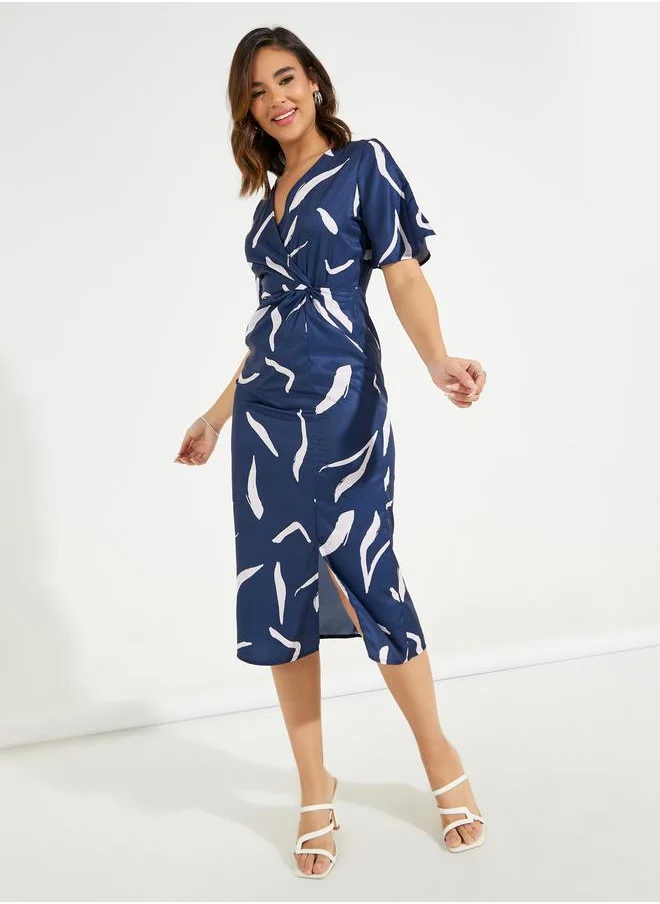 Styli Printed Mock Wrap Midi Dress with Flute Sleeve