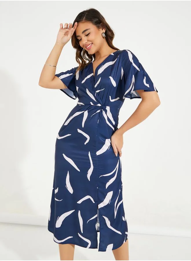 Styli Printed Mock Wrap Midi Dress with Flute Sleeve