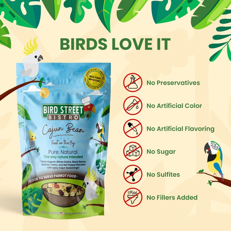Bird Street Bistro Parrot Food for Parakeets & Cockatiels - Cajun Bean - 20 oz - Cooks in 3-15 min, Natural & Organic Grains, Fruits & Vegetables - USA Made - Image 5