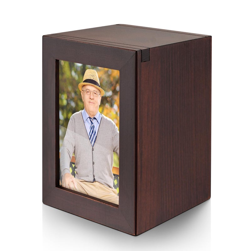SOITIS Small Wooden Urn for Human Ashes - Decorative Keepsake Box with Photo Frame, Brown Mini Memorial Keepsake for Ashes, Cremation Small Urn for Women Men-Mini Size Box - Image 1