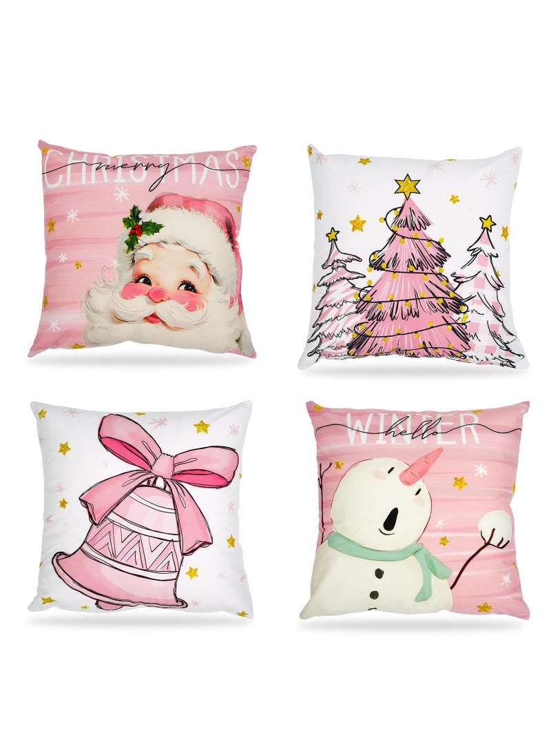 Mocsicka Mocsicka Christmas Pillow Covers Santa Snowman Decorative Throw Pillow Cover Outdoor Polyester Cushion Cases for Farmhouse Sofa Couch Set of 4 (Pink  18x18 inch)  - Image 1