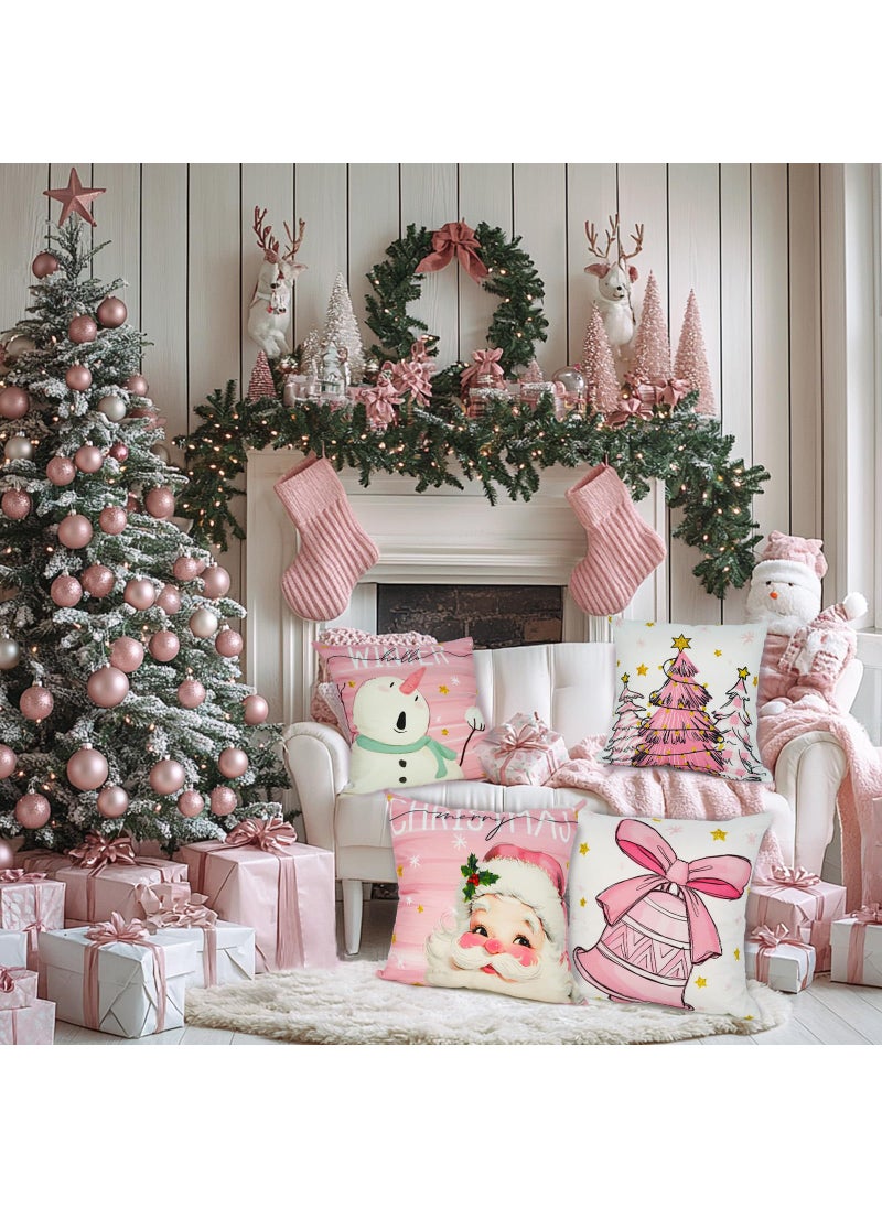 Mocsicka Mocsicka Christmas Pillow Covers Santa Snowman Decorative Throw Pillow Cover Outdoor Polyester Cushion Cases for Farmhouse Sofa Couch Set of 4 (Pink  18x18 inch)  - Image 5