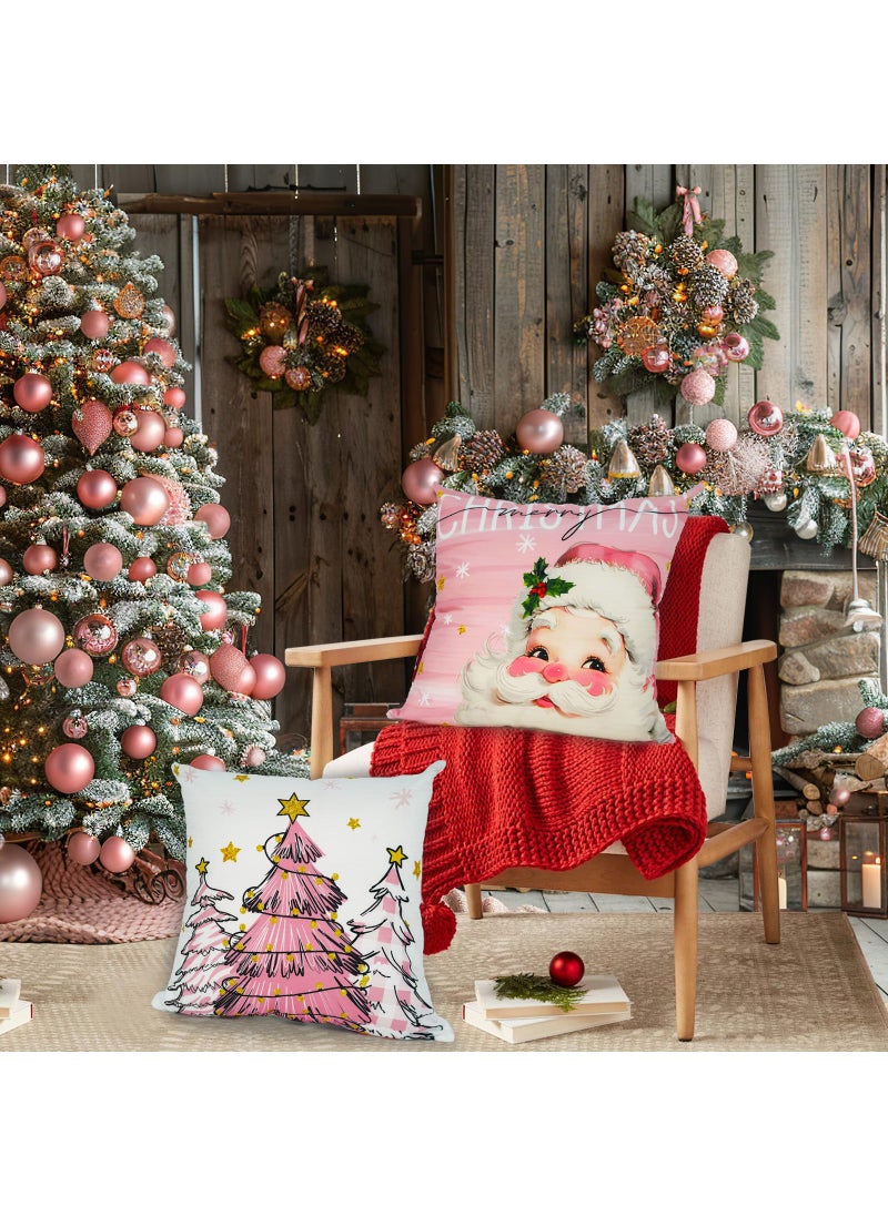 Mocsicka Mocsicka Christmas Pillow Covers Santa Snowman Decorative Throw Pillow Cover Outdoor Polyester Cushion Cases for Farmhouse Sofa Couch Set of 4 (Pink  18x18 inch)  - Image 2