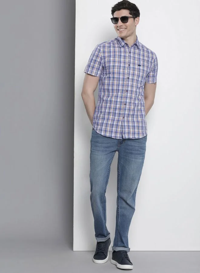 The Indian Garage Co Men Slim Fit Checkered Half Sleeves Cutaway Collar Casual Shirt