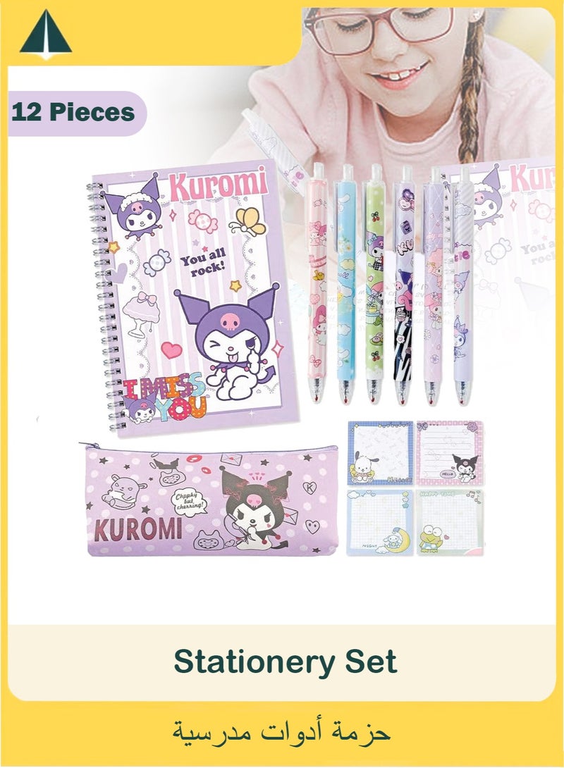 kuromi مجموعة لوازم مدرسية بتصميم انيمي كورومي كيوت من ، مجموعة قرطاسية كاواي للبنات واقلام دوارة بلون ارجواني وحافظة اقلام ودفتر ملاحظات لاصقة - Image 1