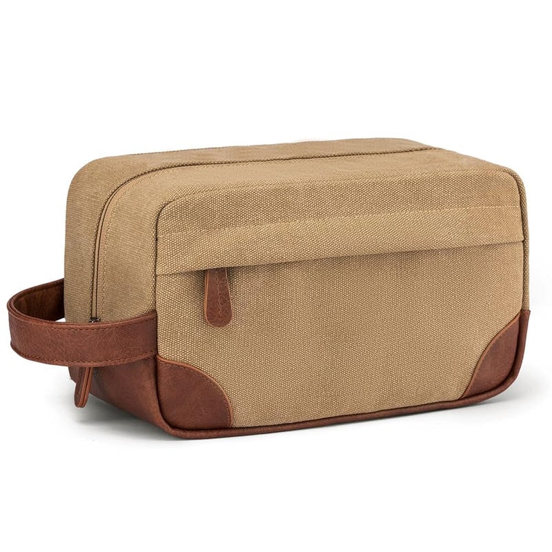 Men’s Toiletry Bag – Khaki, Dopp Kit, Travel Shaving Organizer, Zipper Closure, Vintage