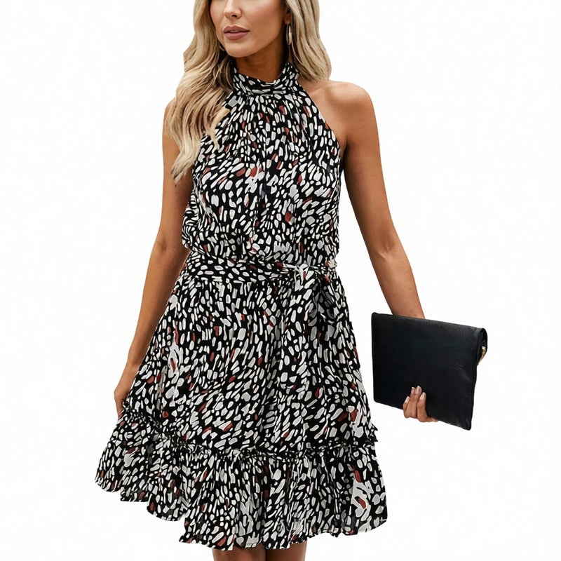 Women's Halter Neck Off Shoulder Print Dress with Belt Adjustable Waist - Image 1