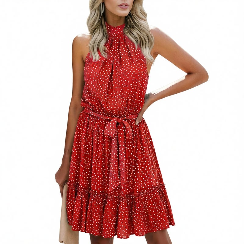 Women's Halter Neck Off Shoulder Print Dress with Belt Adjustable Waist - Image 2