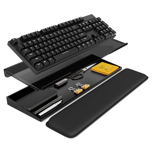 Laborio Computer Keyboard Stand with Storage Box, Keyboard Riser Wrist Rest for Desktop, Office Desk Organizer Accessories(Clear Black) - Image 1