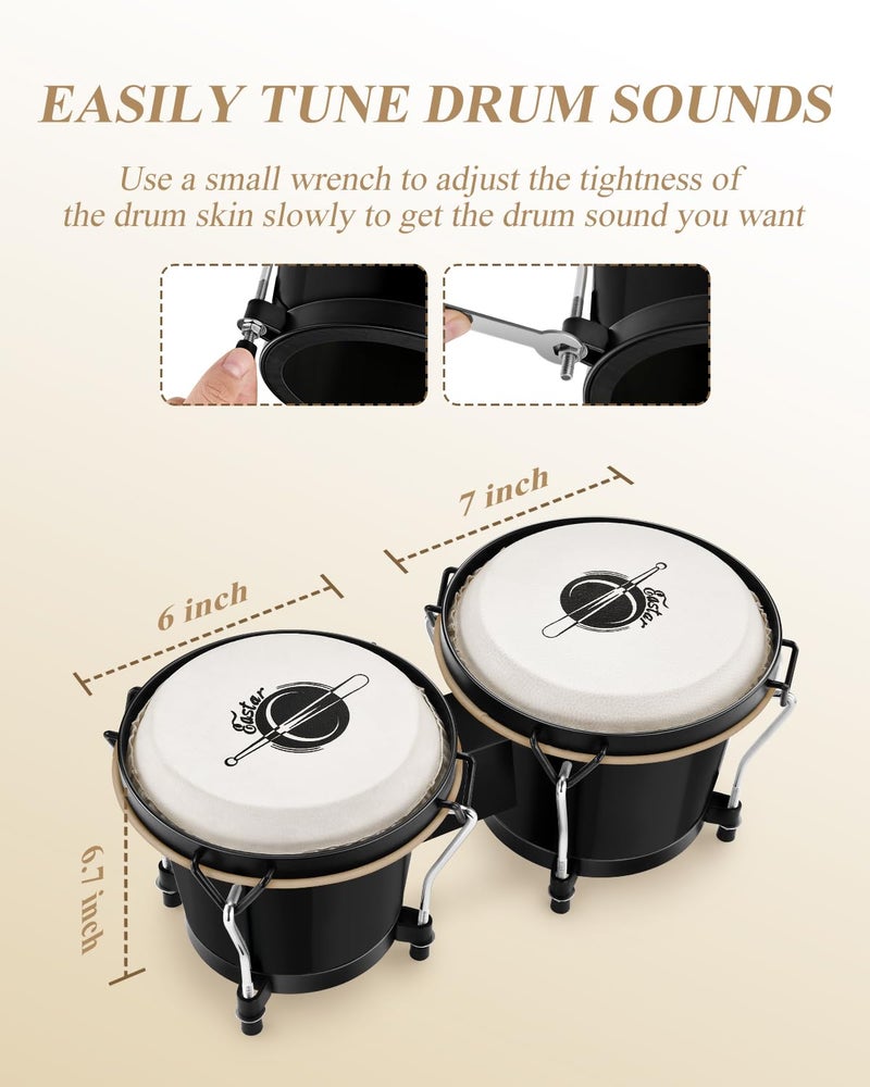 Eastar Bongo Drums 6” and 7” Congas Drums for Kids Adults Beginners Professional Wood Percussion Instrument with Bag and Tuning Wrench, Black - Image 3