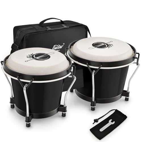 Eastar Bongo Drums 6” and 7” Congas Drums for Kids Adults Beginners Professional Wood Percussion Instrument with Bag and Tuning Wrench, Black - Image 1