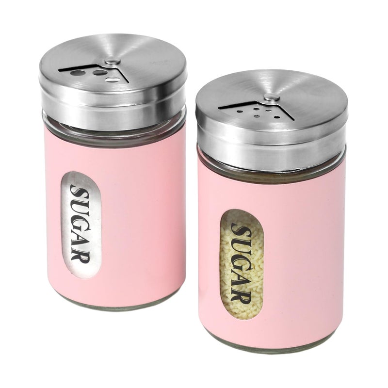 STJKBDFC Sugar Shaker Duster Stainless Steel and Glass Set with Adjustable Pour Holes Cinnamon Shaker For Coffee Bar,set of 2 (Pink) - Image 1