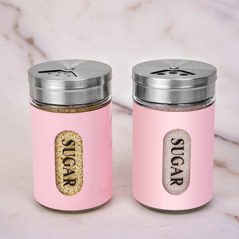 STJKBDFC Sugar Shaker Duster Stainless Steel and Glass Set with Adjustable Pour Holes Cinnamon Shaker For Coffee Bar,set of 2 (Pink) - Image 3