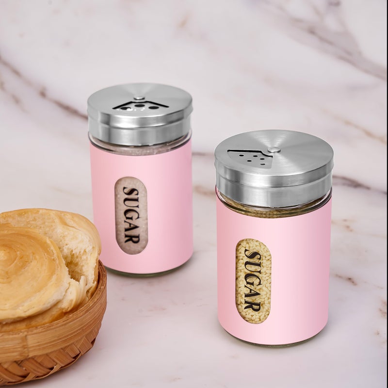 STJKBDFC Sugar Shaker Duster Stainless Steel and Glass Set with Adjustable Pour Holes Cinnamon Shaker For Coffee Bar,set of 2 (Pink) - Image 2