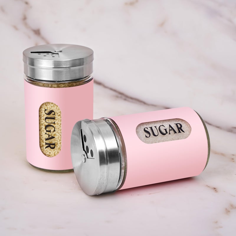 STJKBDFC Sugar Shaker Duster Stainless Steel and Glass Set with Adjustable Pour Holes Cinnamon Shaker For Coffee Bar,set of 2 (Pink) - Image 4