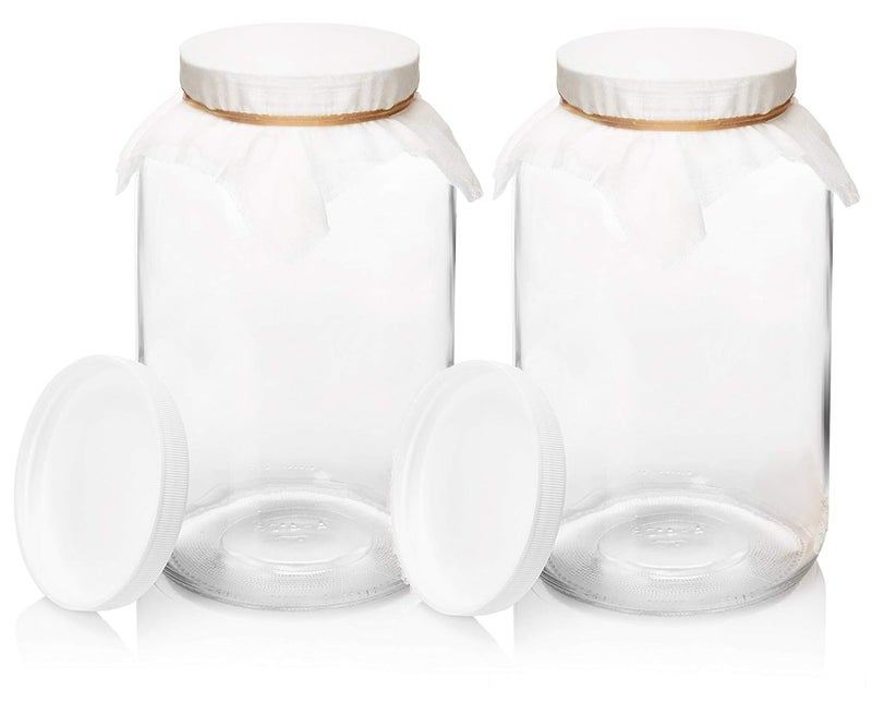 kitchentoolz 1 Gallon Glass Wide Mouth Airtight Lids Mason Jar SCOBY Hotel Home Brewing and Fermenting Kit with Cotton Cloth Filter, Rubber Band