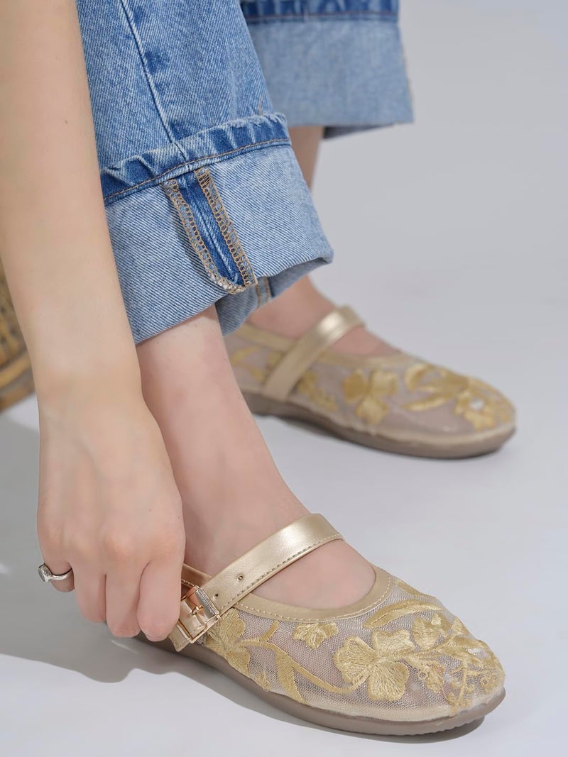 Shoetopia Women’s Golden Embroidered Belly Shoes – Soft Comfortable Flats with Adjustable Strap | Traditional Floral Design for Casual & Ethnic Footwear - Image 3