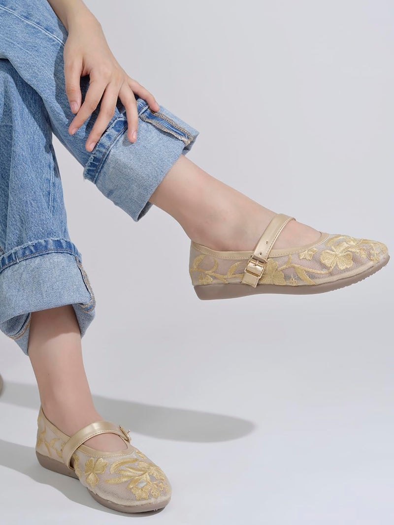 Shoetopia Women’s Golden Embroidered Belly Shoes – Soft Comfortable Flats with Adjustable Strap | Traditional Floral Design for Casual & Ethnic Footwear - Image 1