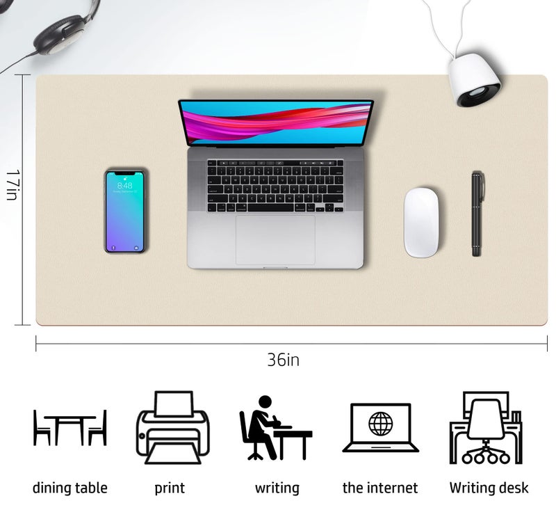 Aothia Desk Mat Large Protector Pad - Multifunctional Dual-Sided Office Desk Pad,Smooth Surface Soft Mouse Pad, Waterproof Desk Mat for Desktop, Pu Leather Desk Cover for Office/Home(Beige, 36" x 17") - Image 3