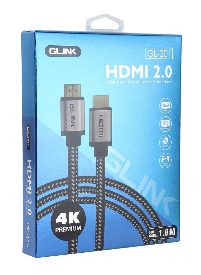 جلينك كابل HDMI فائق السرعة 4K من GLINK GL-201، 2.0 فولت مع إيثرنت 18 جيجابت في الثانية، يدعم DOLBY، 3D، 4K@60Hz، HDCP 2.2، إرجاع الصوت، مضفر قطني، موصل معدني مطلي بالذهب (1.8 متر) - Image 5