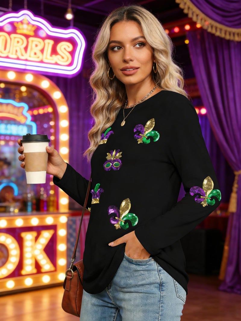 MAXIMGR Mardi Gras Sweatshirt Women Sequin Fat Tuesday Sweater Masks Graphic Shirt Carnival Crewneck Long Sleeve Tops - Image 4