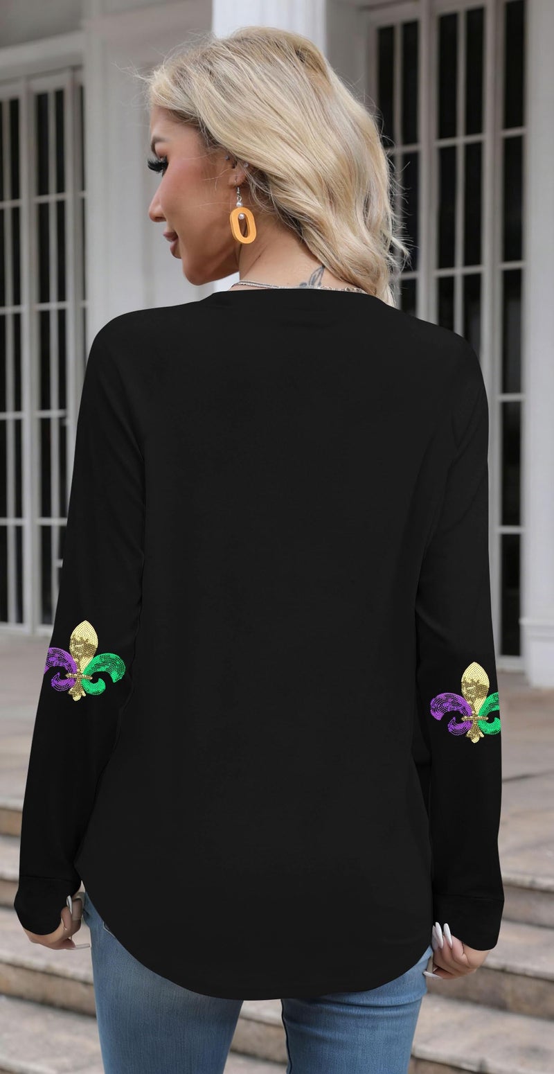 MAXIMGR Mardi Gras Sweatshirt Women Sequin Fat Tuesday Sweater Masks Graphic Shirt Carnival Crewneck Long Sleeve Tops - Image 5