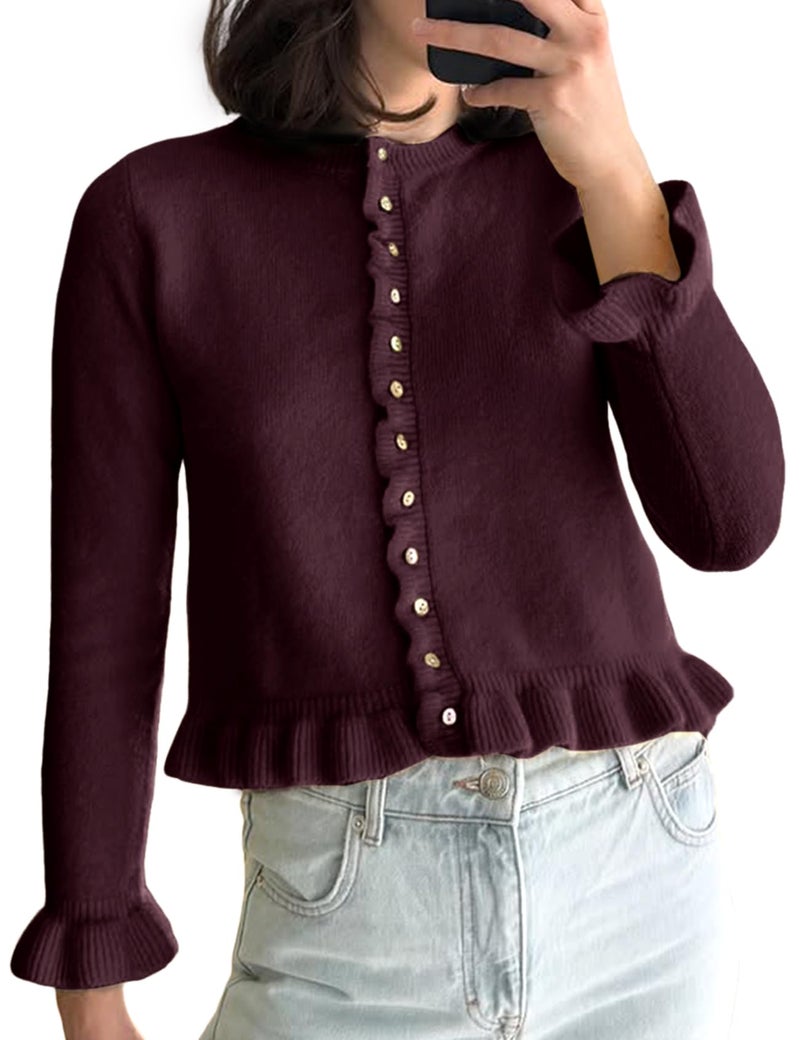 Yimoon Women's Cropped Cardigan Sweater Ruffle Frilly Long Sleeve Button Down Cute Knit Outwear 2025 Trendy(WineRed-S) - Image 1